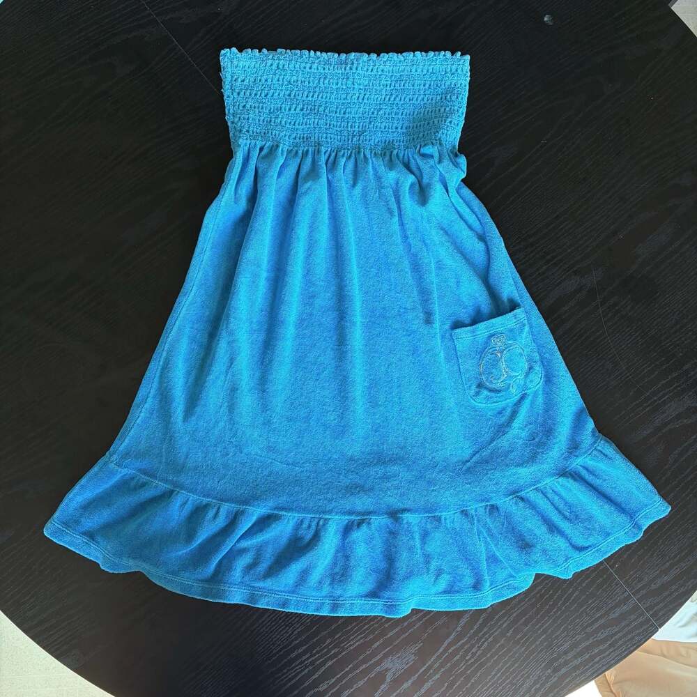 Juicy Couture Blue Terry Cloth Strapless Ruffle Dress Size L